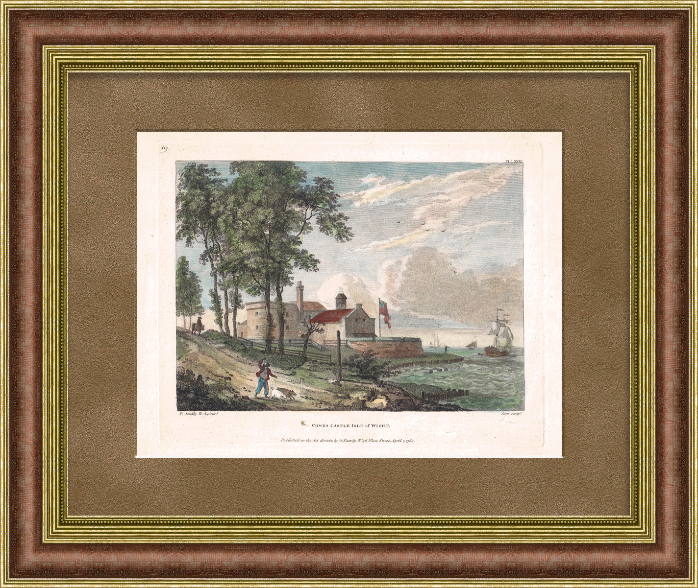 Замок Каус на острове Уайт, Великобритания. Старинная гравюра с ручной раскраской