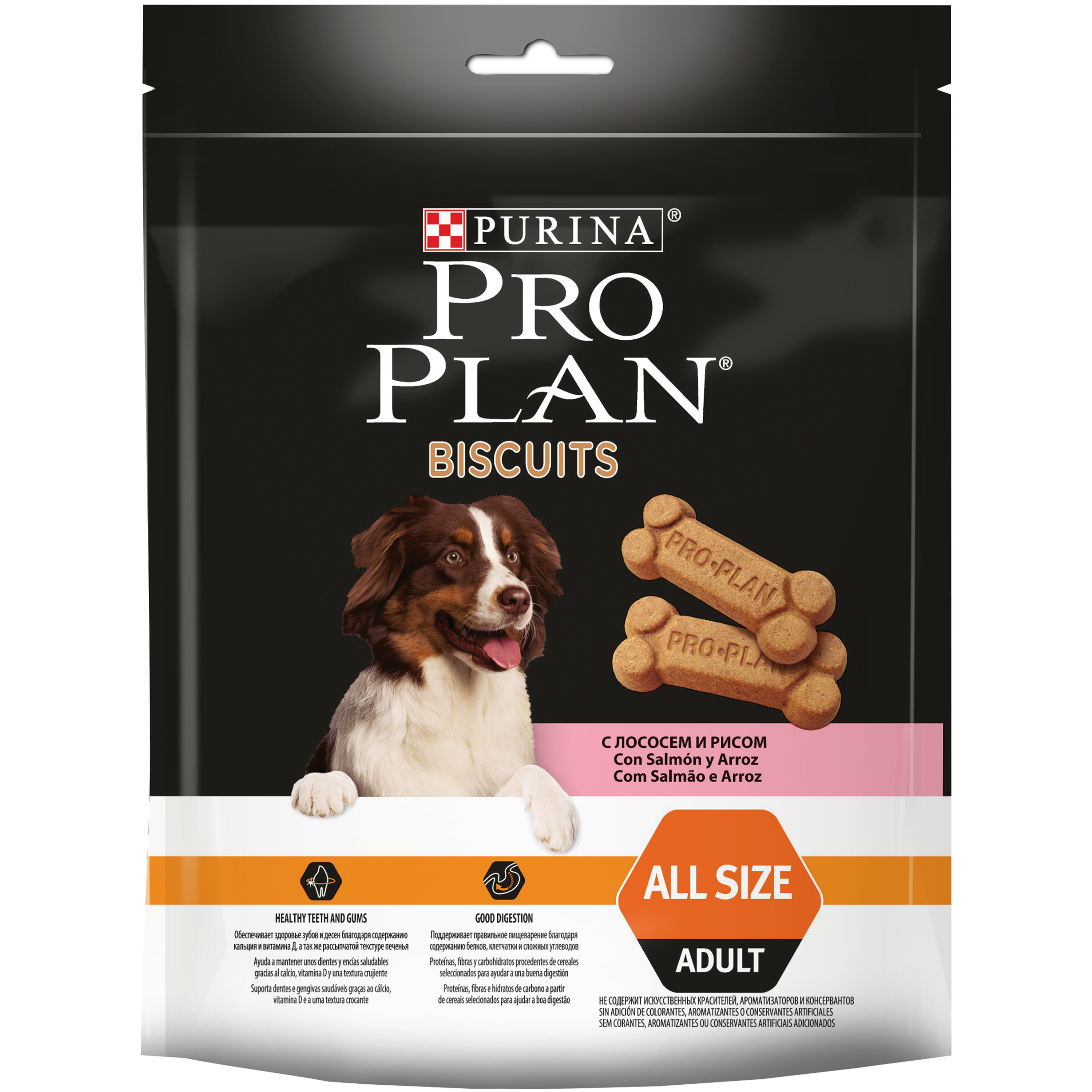 

Лакомство для собак PRO PLAN Biscuits All Size Adult, косточки, с лососем и рисом, 175г, Biscuits All Size Adult