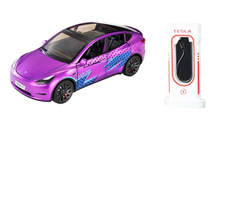 

Коллекционная модель Tesla Y Print метал с зарядной станцией свет, звук, все открывается, Фиолетовый