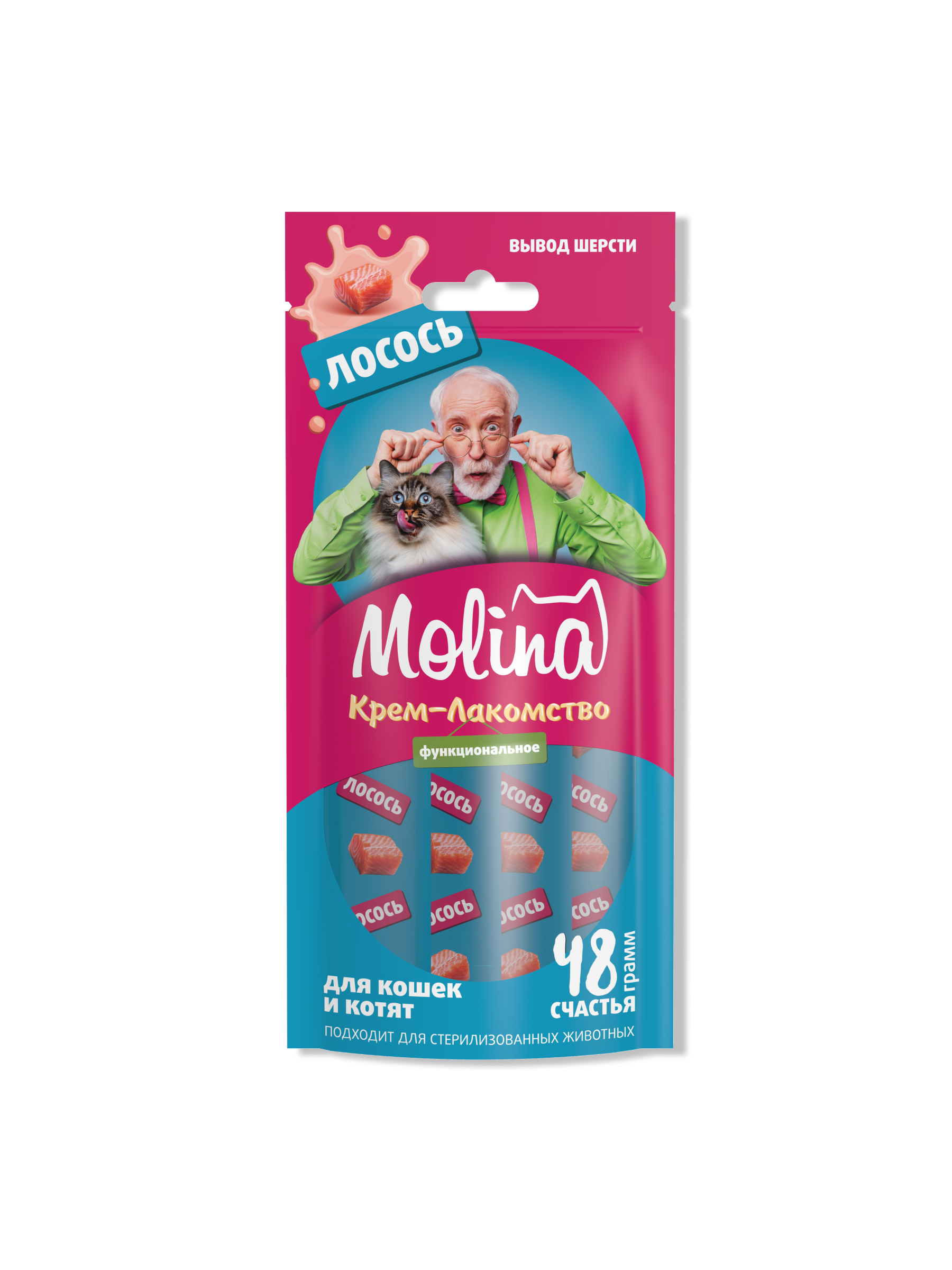 Лакомство для кошек Molina AntiHairball, выведение шерсти с лососем, крем, 48 г