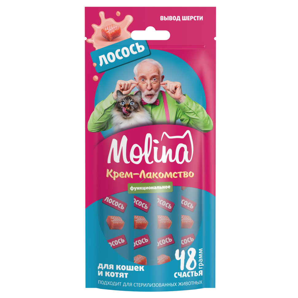 Лакомство для кошек Molina AntiHairball, выведение шерсти с лососем, крем, 48 г