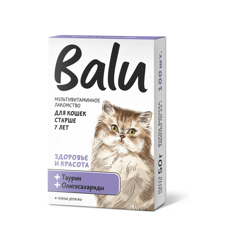 Лакомство для кошек Balu, старше 7 лет, с таурином и олигосахаридами, 100 таблеток