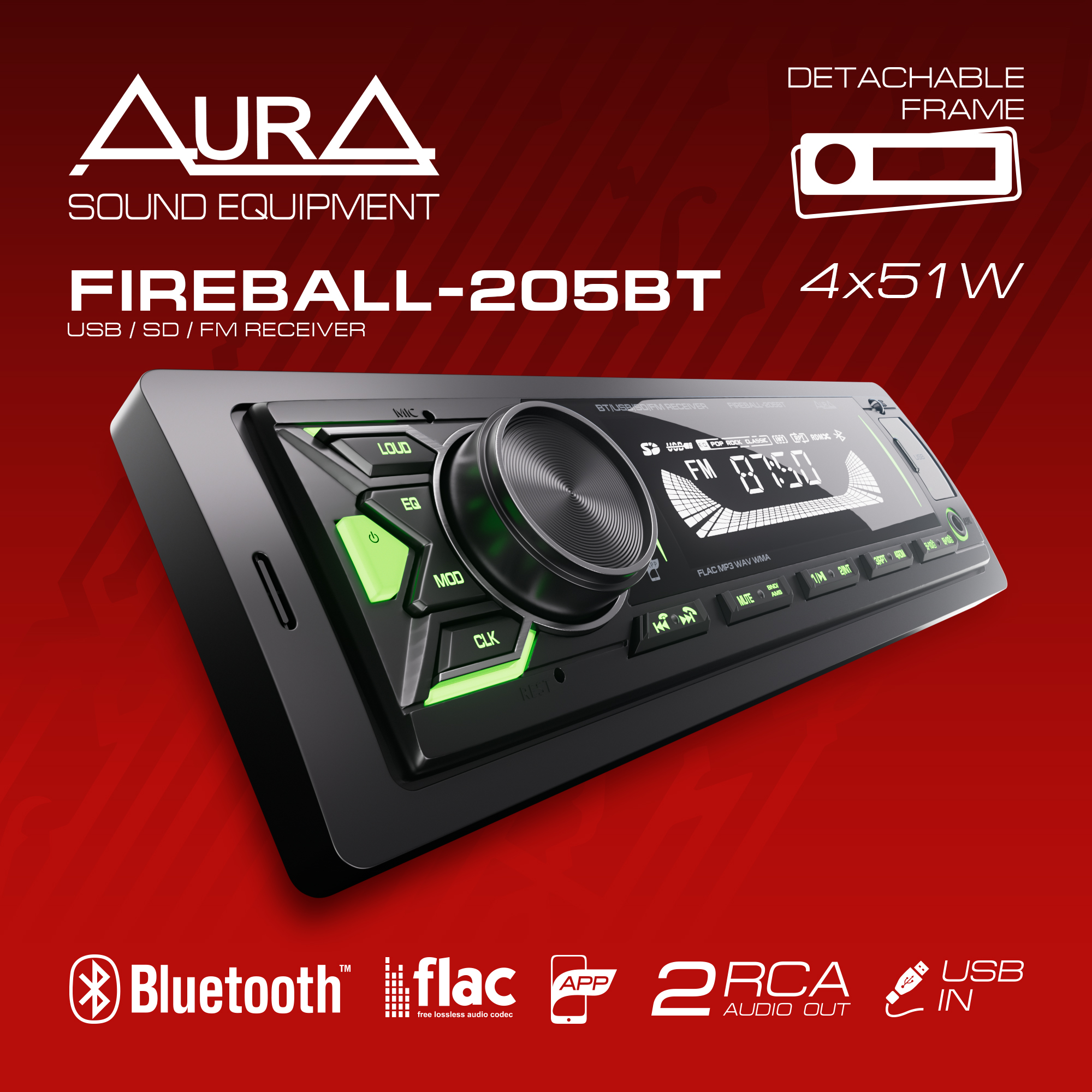 Ресивер автомобильный AurA FIREBALL-205BT USB/BT