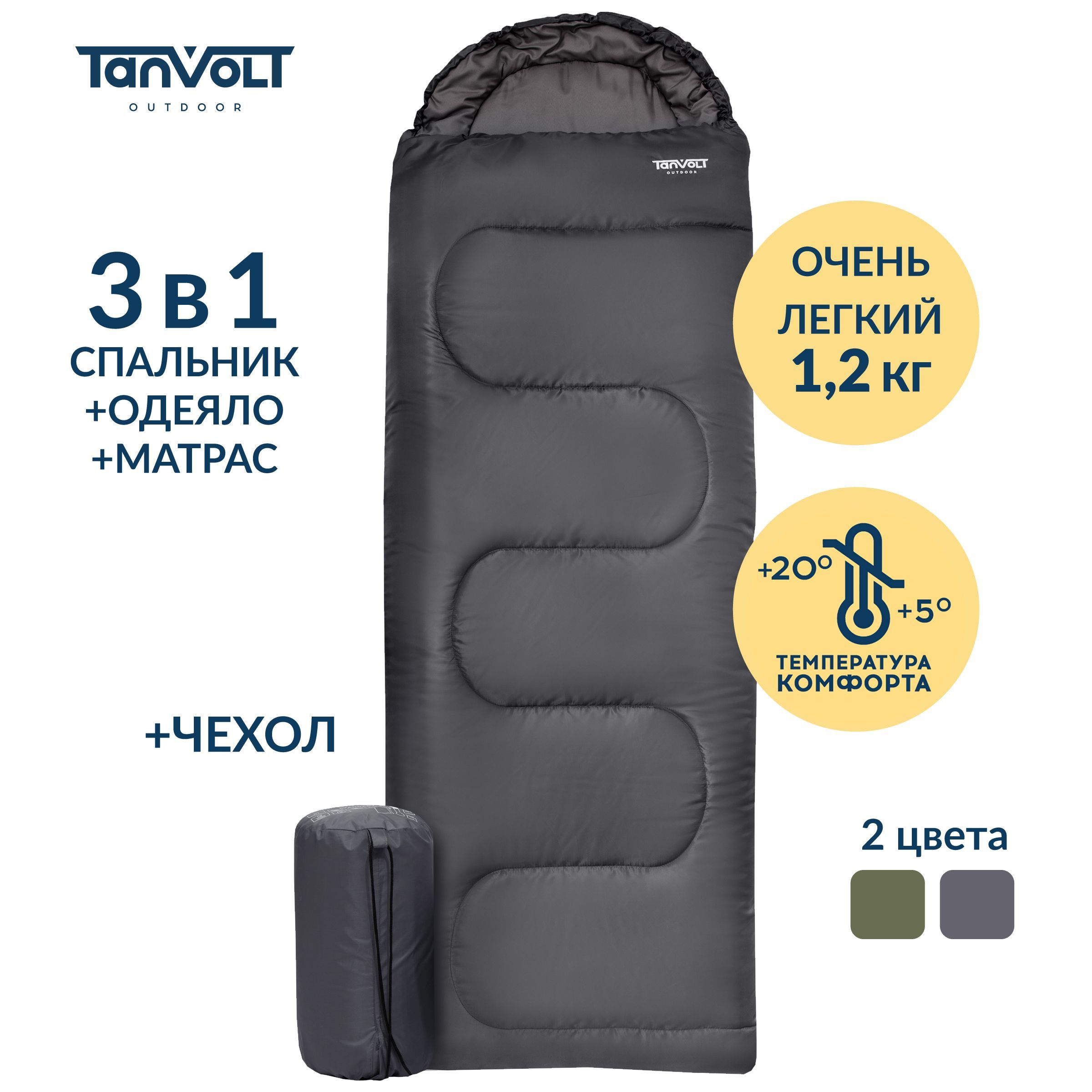 Спальный мешок с подголовником Tanvolt Standart+Grey серый до +5