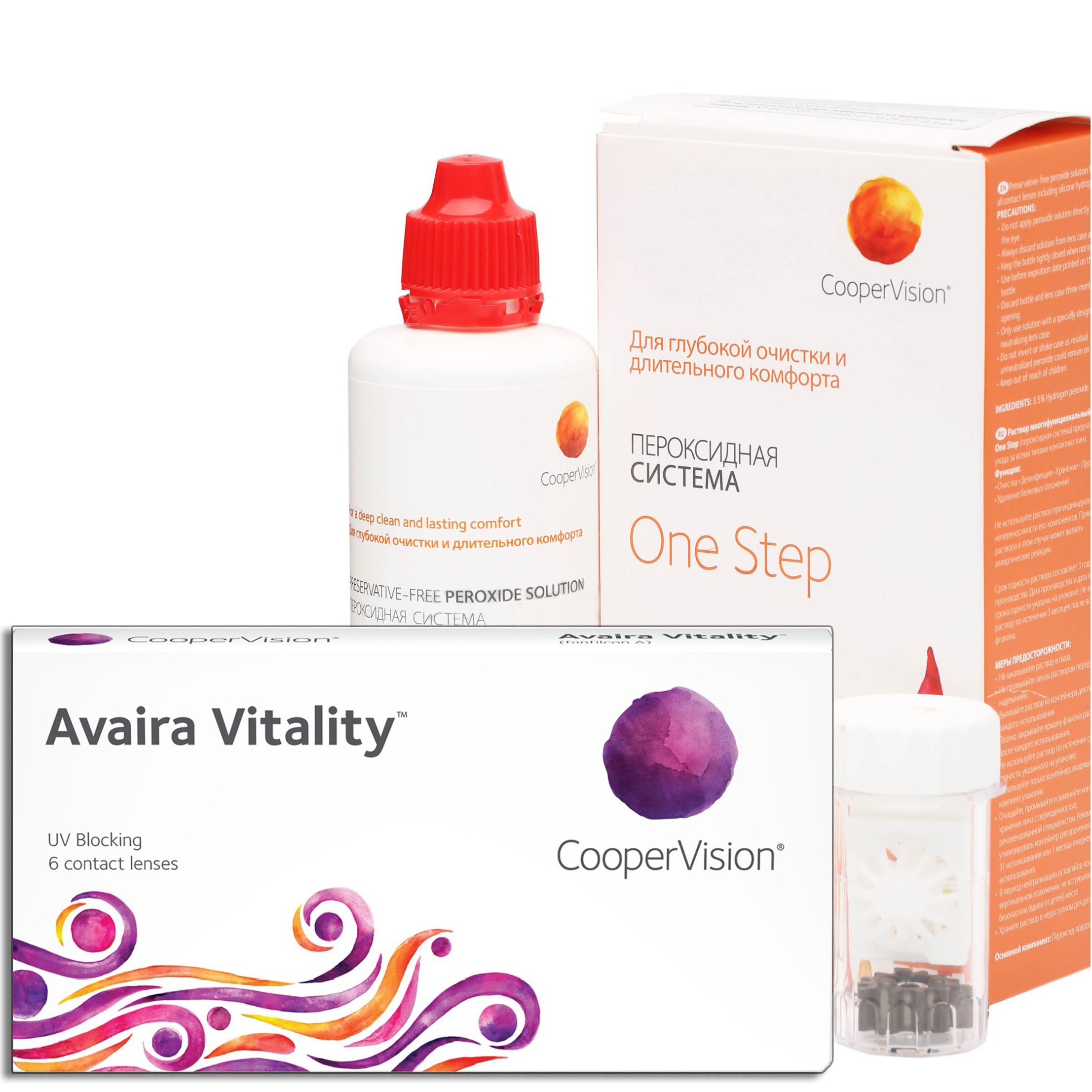 Купить Avaira Vitality 6 линз + One Step, Контактные линзы Avaira Vitality 6 линз R 8.4 -12, 00 + Раствор One Step 360 мл