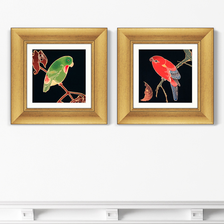 Набор из 2-х репродукций картин в раме Red and Green Parrots 1900г. 35,5х35,5см