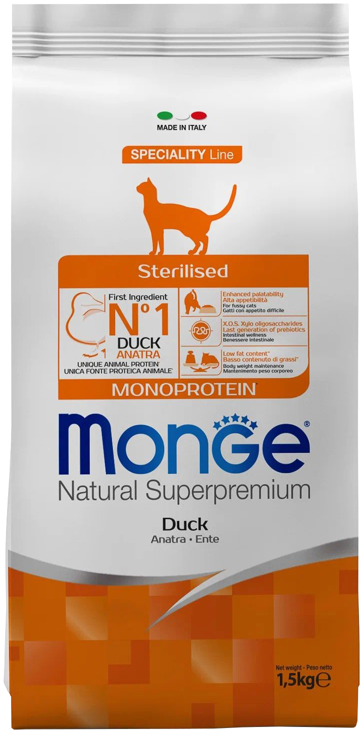 Сухой корм для стерилизованных кошек Monge Speciality Line Monoprotein утка 1,5 кг