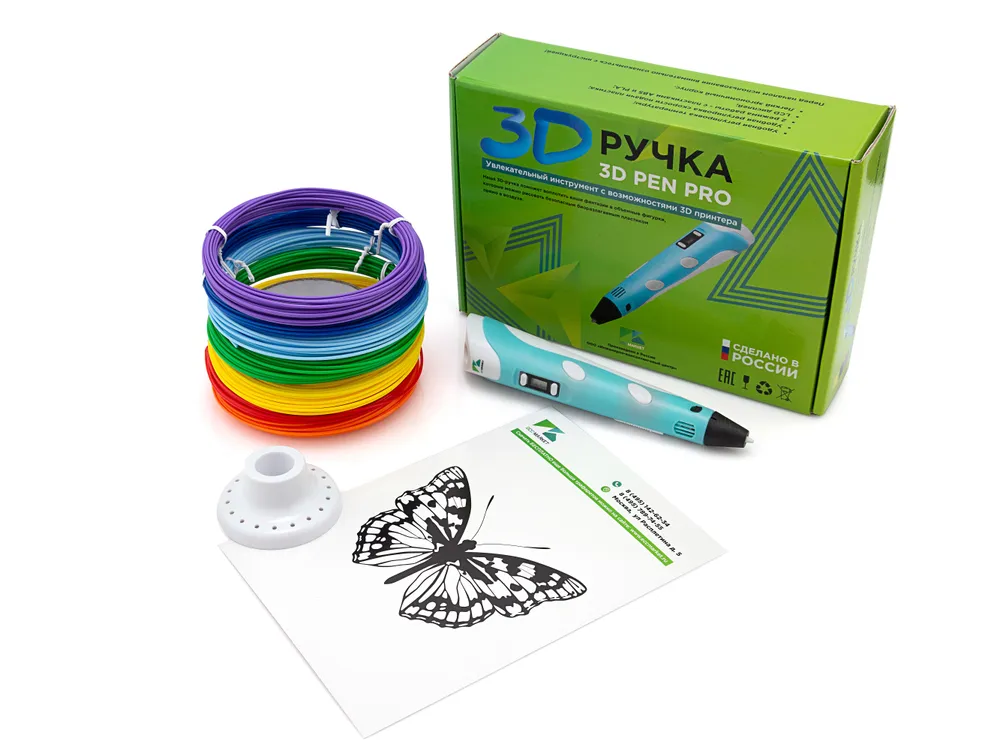 фото 3d ручка 3d pen pro голубая с набором пластика (7 цветов по 10м), 10 трафаретов ecc market