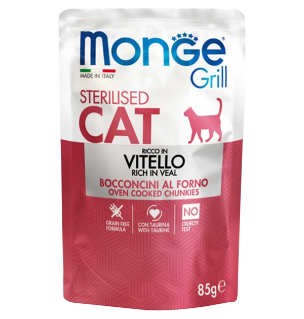 

Влажный корм для кошек Monge Cat Grill Sterilised с телятиной, 28шт по 85г
