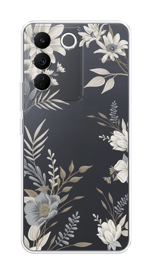 

Чехол на Vivo V27e "Цветы сепия", Серый;прозрачный;зеленый;белый, 268350-1