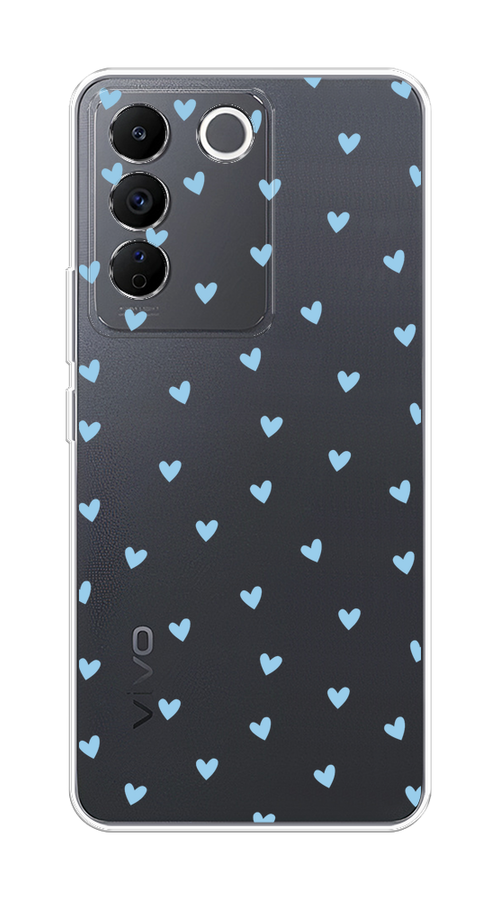 

Чехол на Vivo V27e "Голубые сердечки паттерн", Голубой;прозрачный, 268350-1