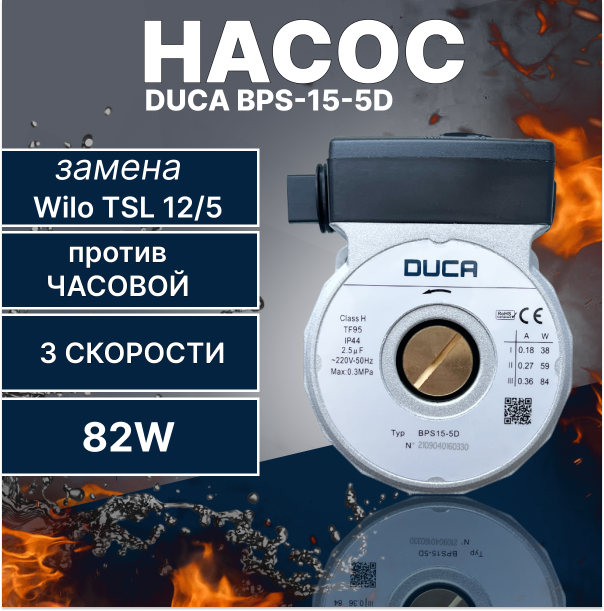 Насос DUCA BPS-15-5D, замена Wilo TSL 12/5 Bosch, Buderus, 84 W