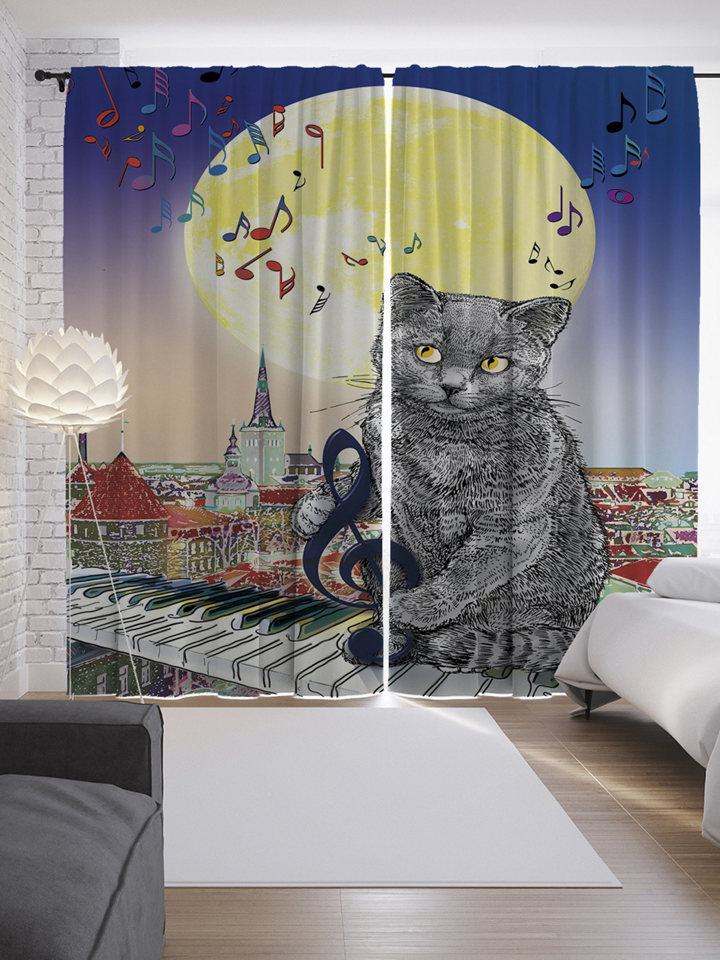 

Шторы с фотопечатью "Кот ловит музыку" из сатена, 290х265 см