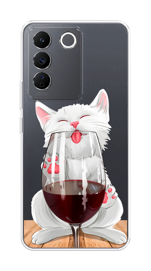 

Чехол на Vivo V27e "Кот с бокалом", Прозрачный;белый;красный, 268350-1