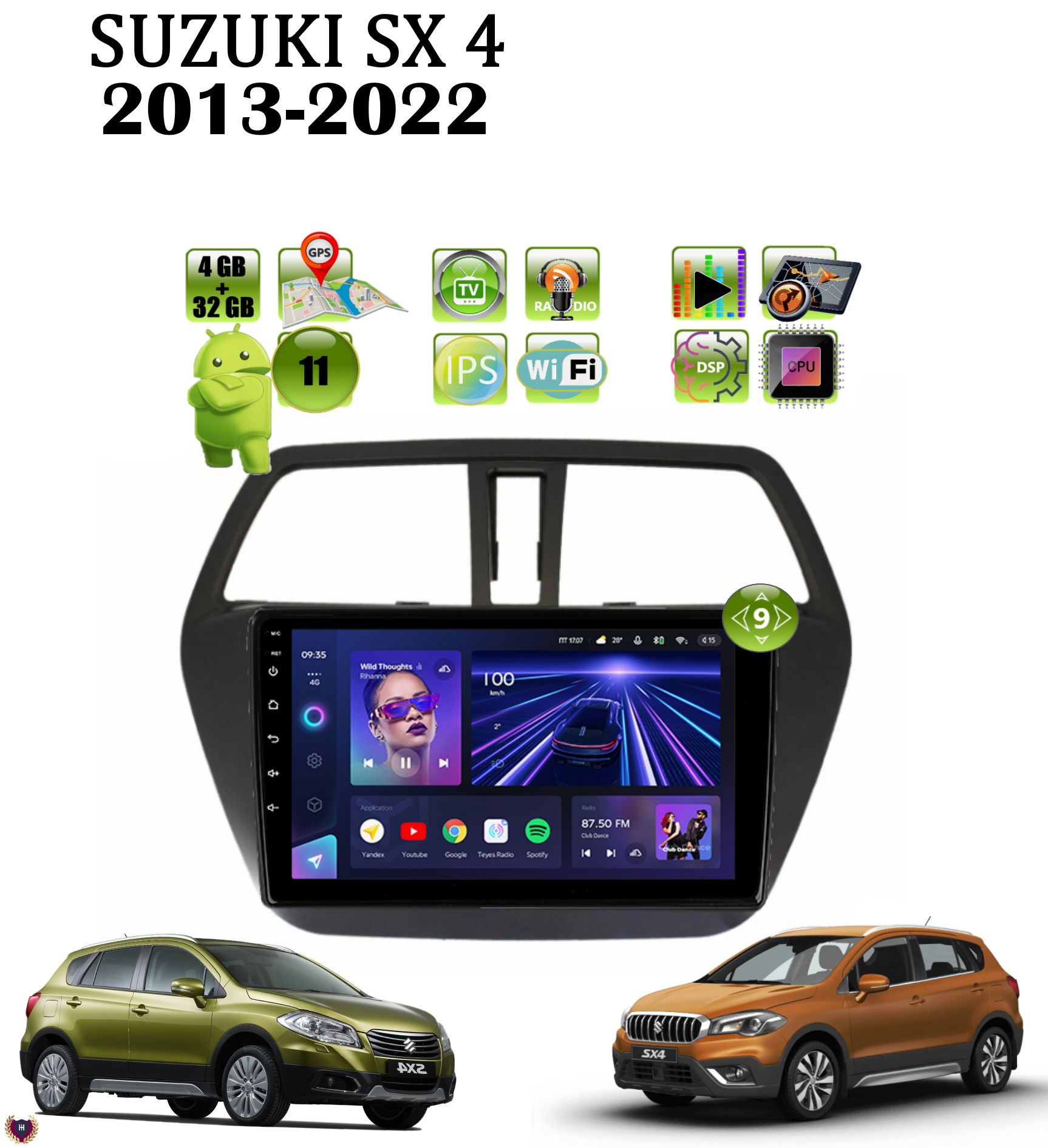 Автомагнитола Podofo для Suzuki SX4 2013-2022, Android 11, 4/32 GB, Bluetooth, WiFi, IPS