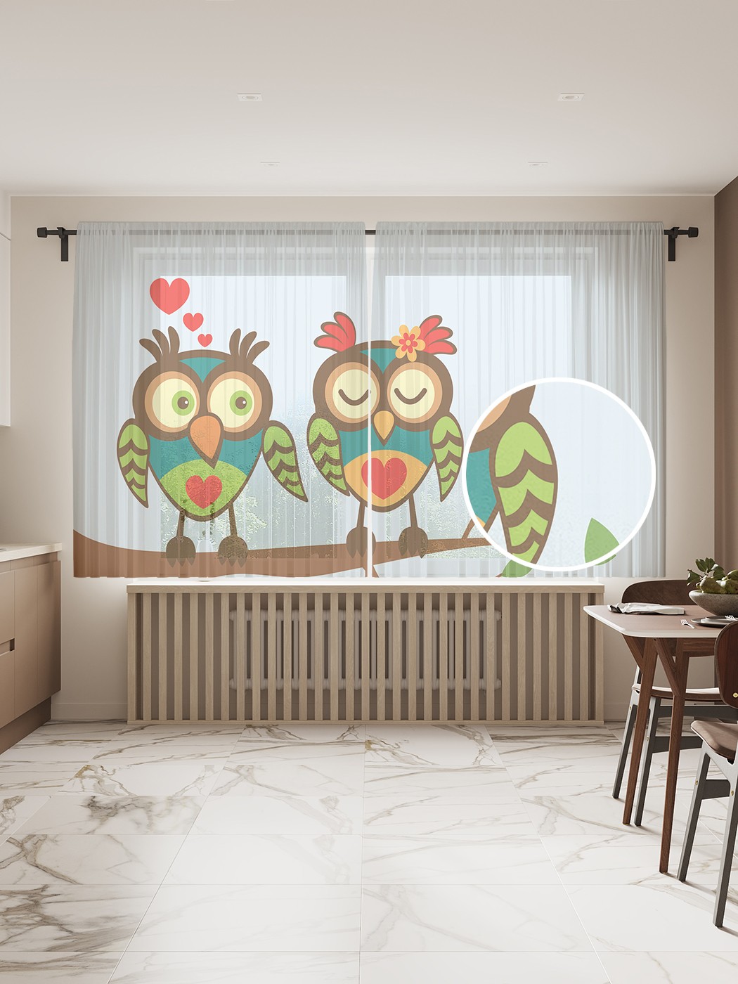 

Фототюль JoyArty "Влюбленный филин", 145x180 см (2 полотна со шторной лентой + 50 крючков), Влюбленный филин