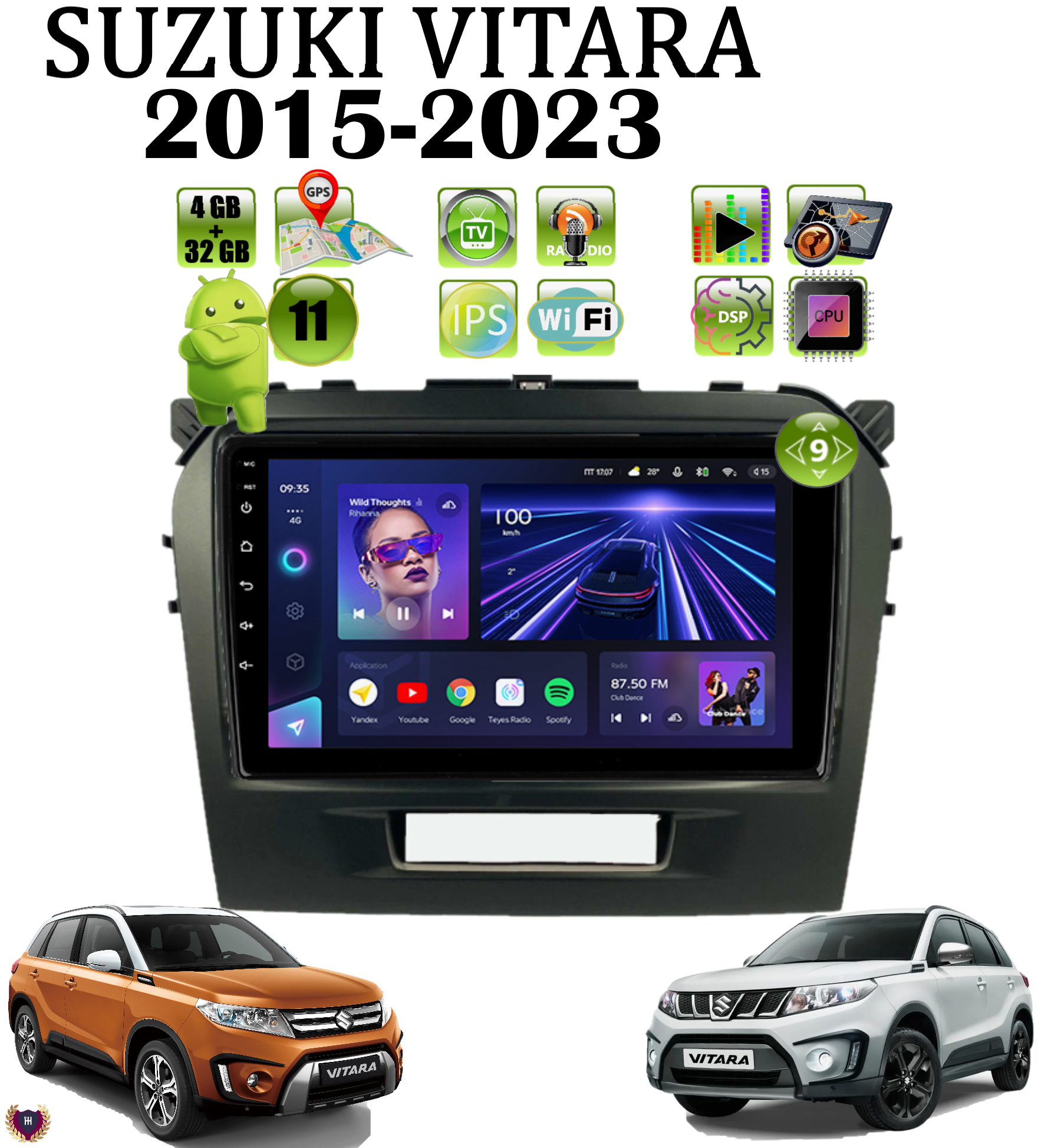 Автомагнитола Podofo для Suzuki Vitara 2015-2023, Android 11, 4/32 GB,GPS, Bluetooth, WiFi