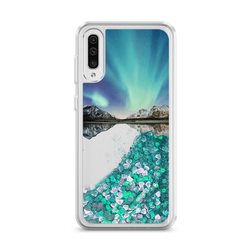 

Жидкий чехол с блестками "Горное озеро и сияние" на Samsung Galaxy A50, 27795-1