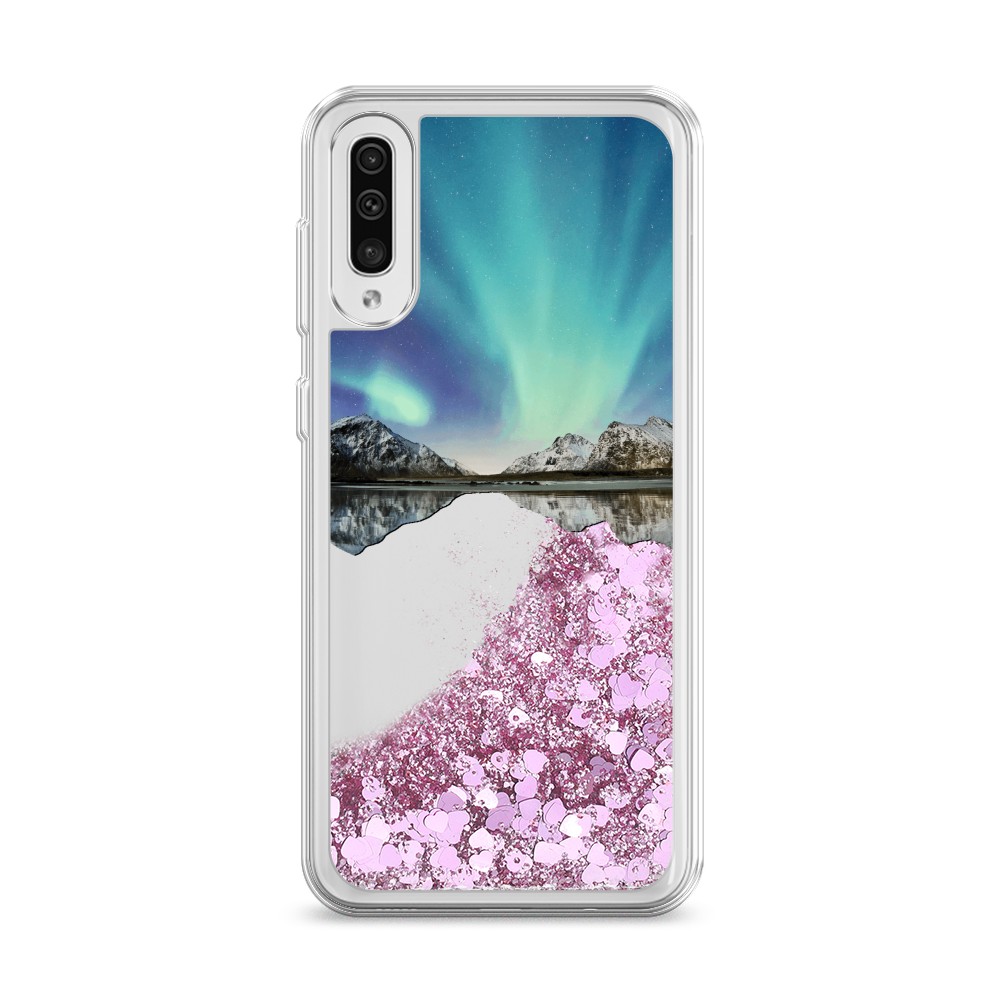 

Жидкий чехол с блестками "Горное озеро и сияние" на Samsung Galaxy A50