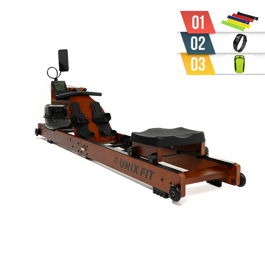 Гребной тренажер UNIX Fit Wood Rower Dark + набор для фитнеса