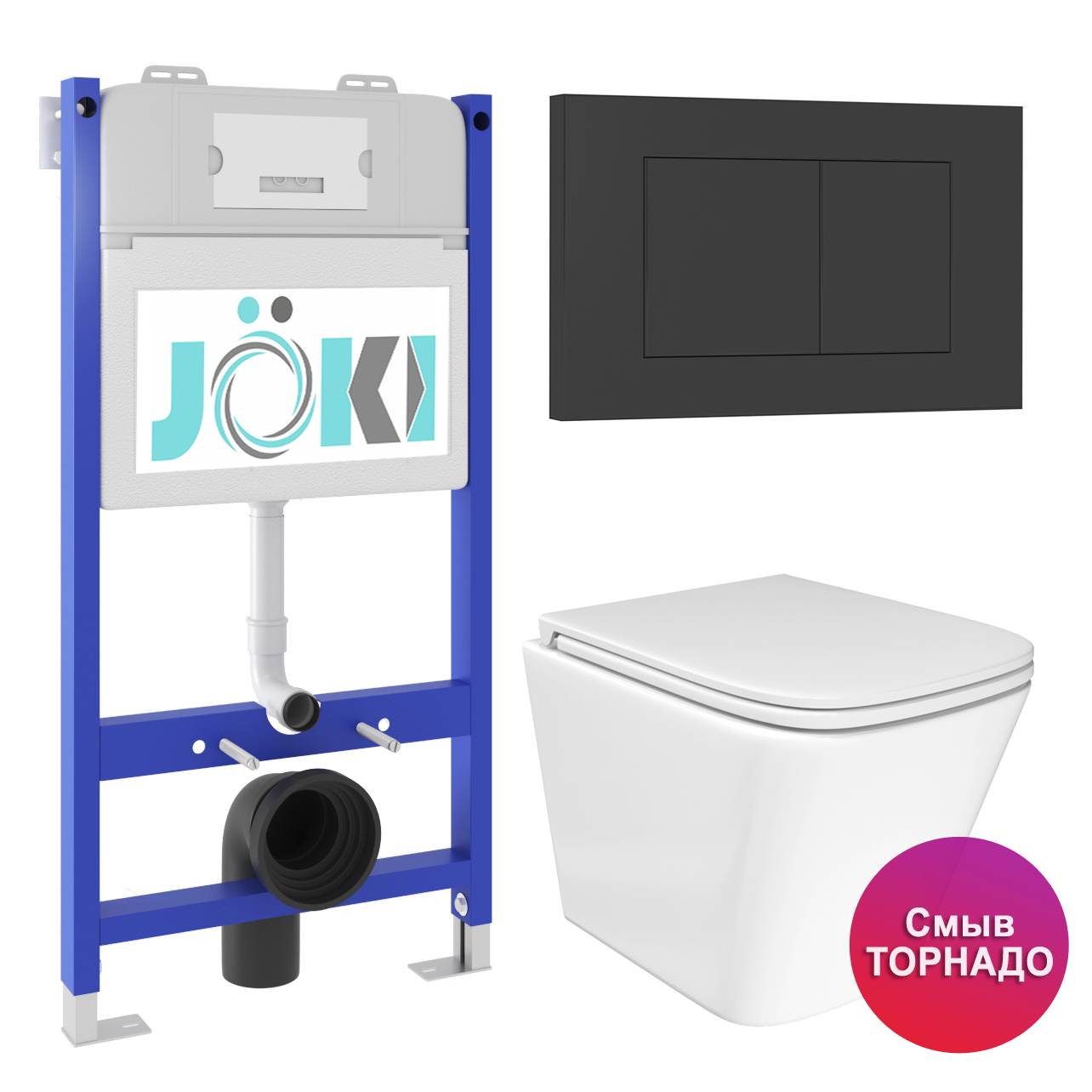 

Комплект JOKI: инсталляция JK03351+кнопка JK013525BM черный+Verna T JK3031025 унитаз белый, Verna JKS303033013BM