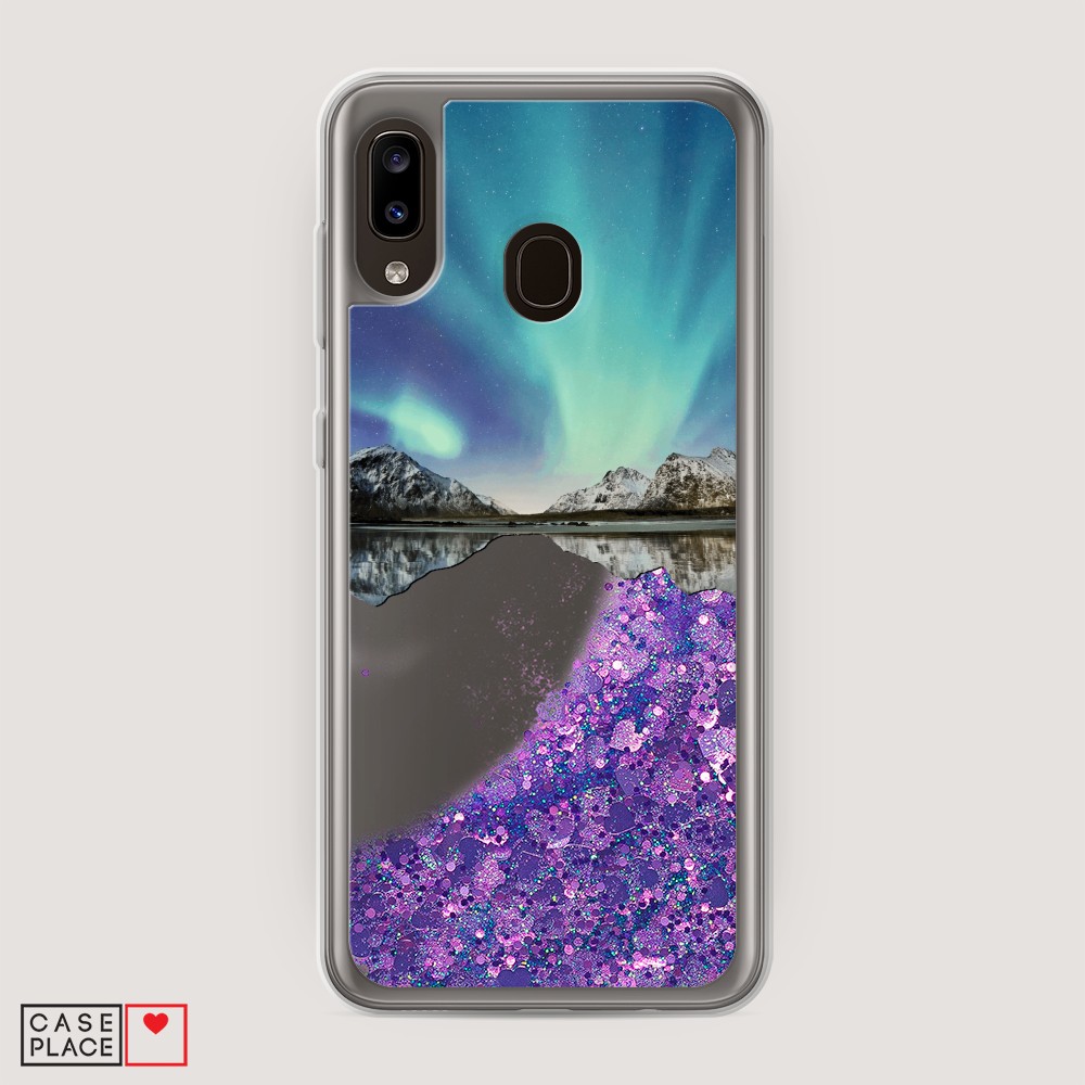 

Жидкий чехол с блестками "Горное озеро и сияние" на Samsung Galaxy A30, 27592-1