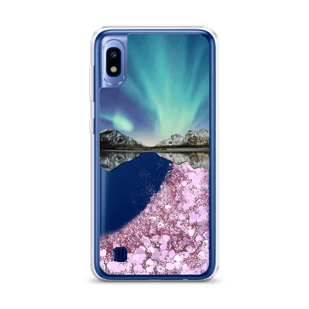 

Жидкий чехол с блестками "Горное озеро и сияние" на Samsung Galaxy A10, 27994-1