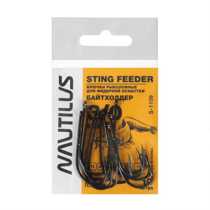 

Крючок Nautilus Sting Feeder Байтхолдер S-1109, цвет BN, № 3/0, 10 шт., Черный