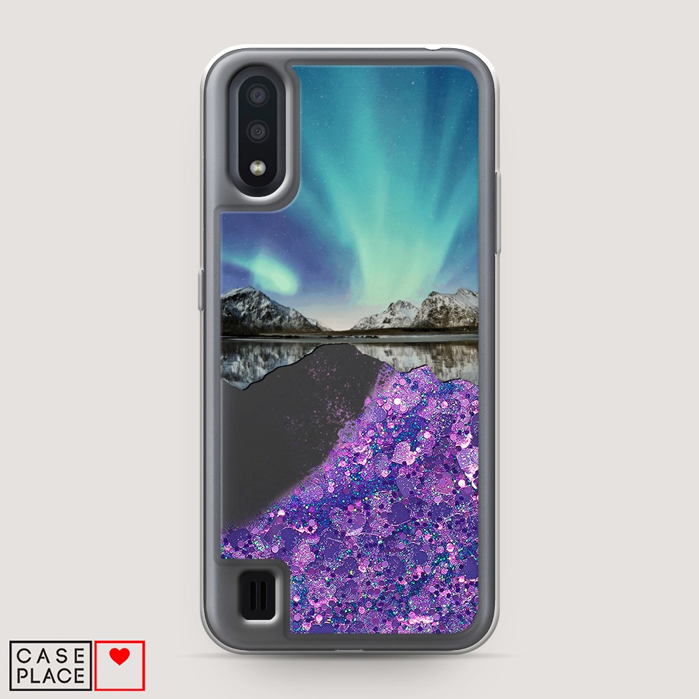 

Жидкий чехол с блестками "Горное озеро и сияние" на Samsung Galaxy A01, 29592-1