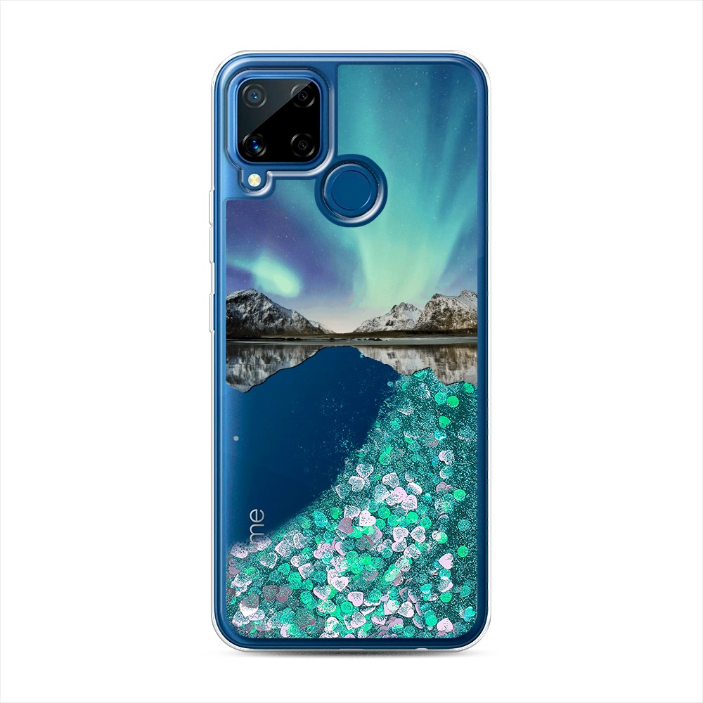 фото Жидкий чехол с блестками "горное озеро и сияние" на realme c15 awog
