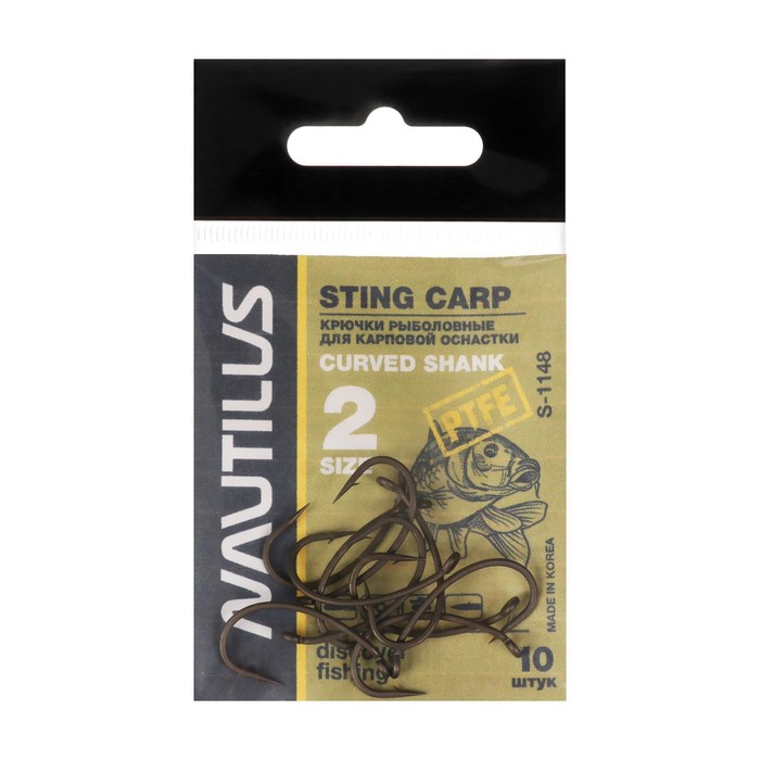

Крючок Nautilus Sting Carp Curved Shank S-1148PTFE, № 2, 10 шт., Черный