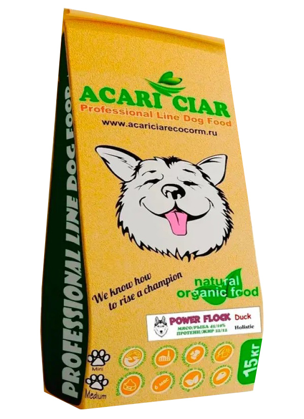 Сухой корм для собак Acari Ciar Power Flock, медиум гранула, утка, 15 кг