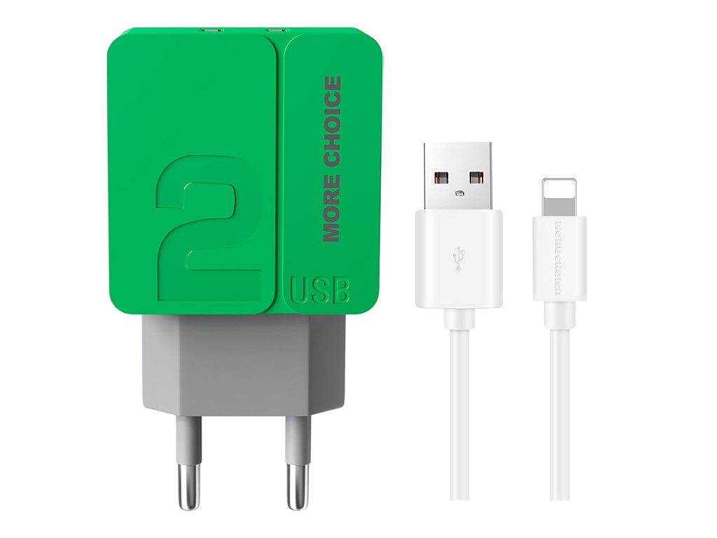 фото Зарядное устройство more choice nc46i 2xusb 2.4a + кабель lightning green 4627151191904