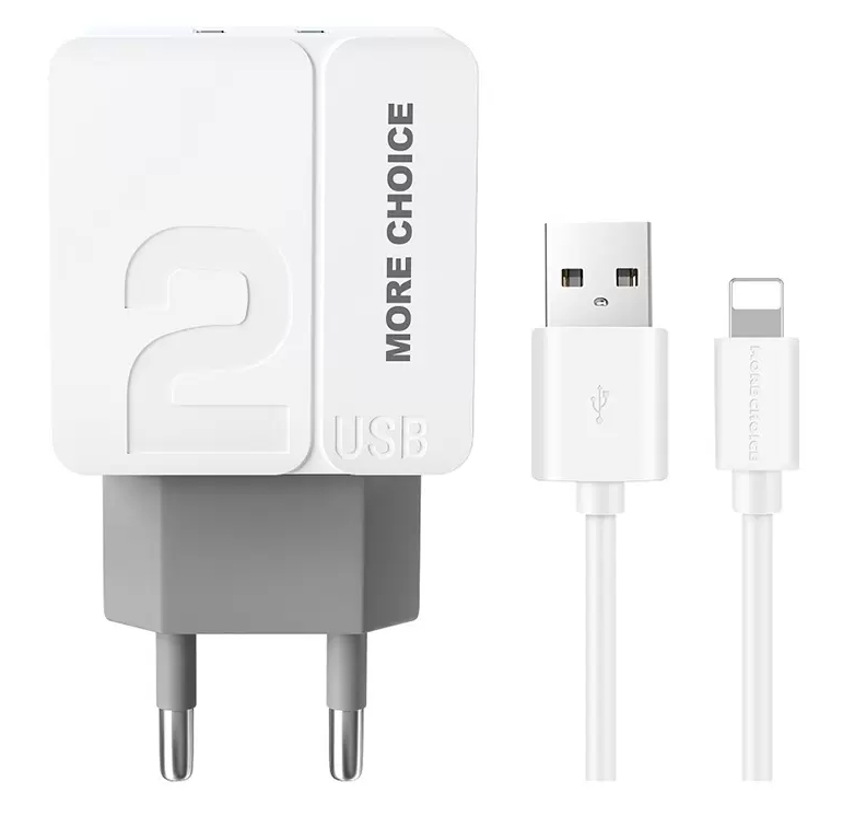 

Зарядное устройство Morе Choicе NC46i 2xUSB 2.4A кабель Lightning Whitе-Grеy, NC46i