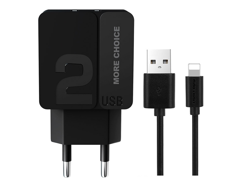 фото Зарядное устройство more choice nc46i 2xusb 2.4a + кабель lightning black-black 4627151191