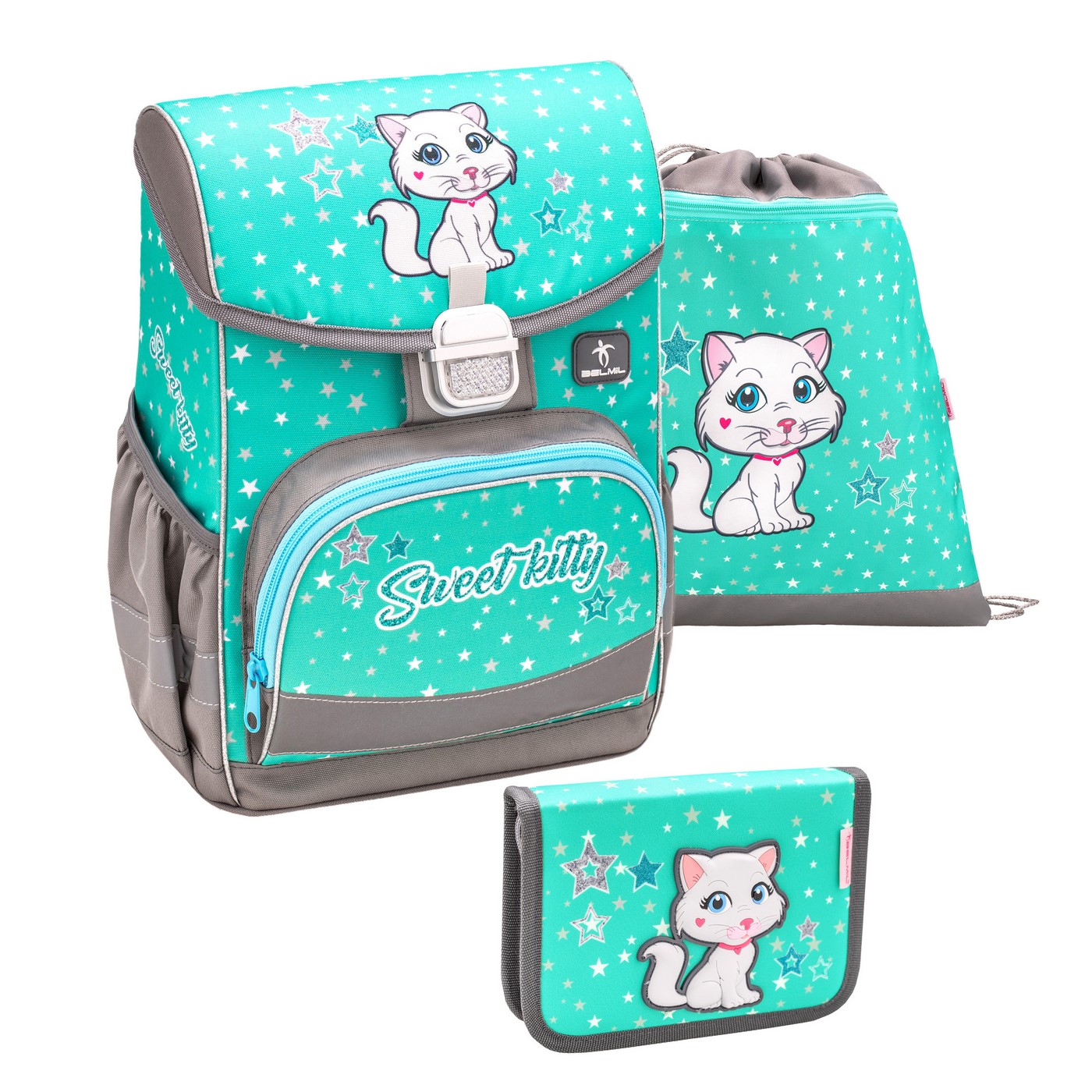 

Ранец Belmil Click Sweet Kitty, Котенок, бирюзовый, с наполнением 405 45/925/SET