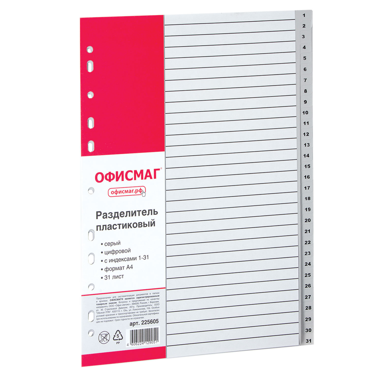 

Офисмаг А4, 31 лист, цифровой 1-31, оглавление, серый
