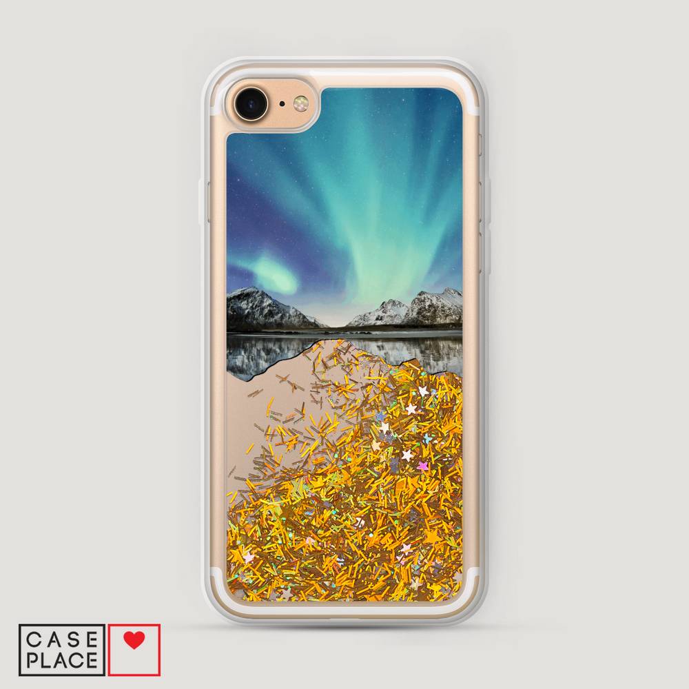 

Жидкий чехол с блестками "Горное озеро и сияние" на Apple iPhone 8, 10890-1