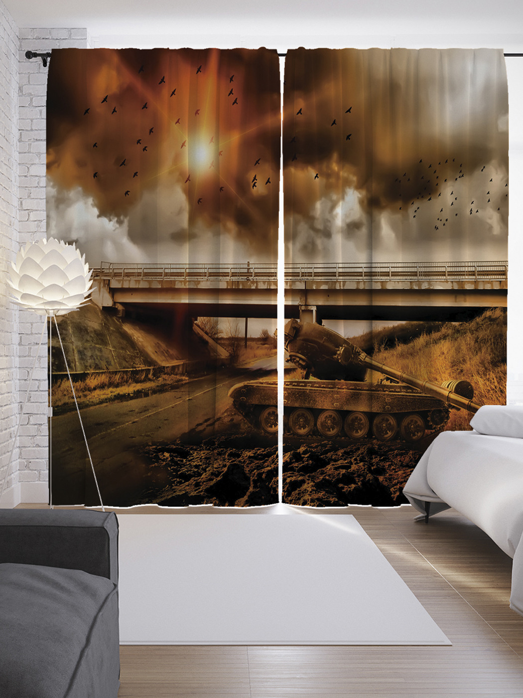 

Шторы с фотопечатью "Сломанный танк у моста" из сатена, 290х265 см