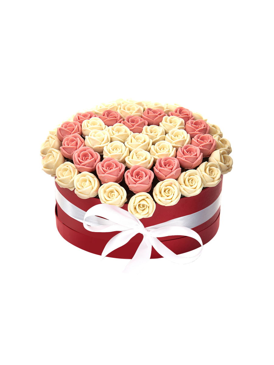 Шляпная коробка из 51 шоколадной розы с узором сердце SH51-K-BR-S