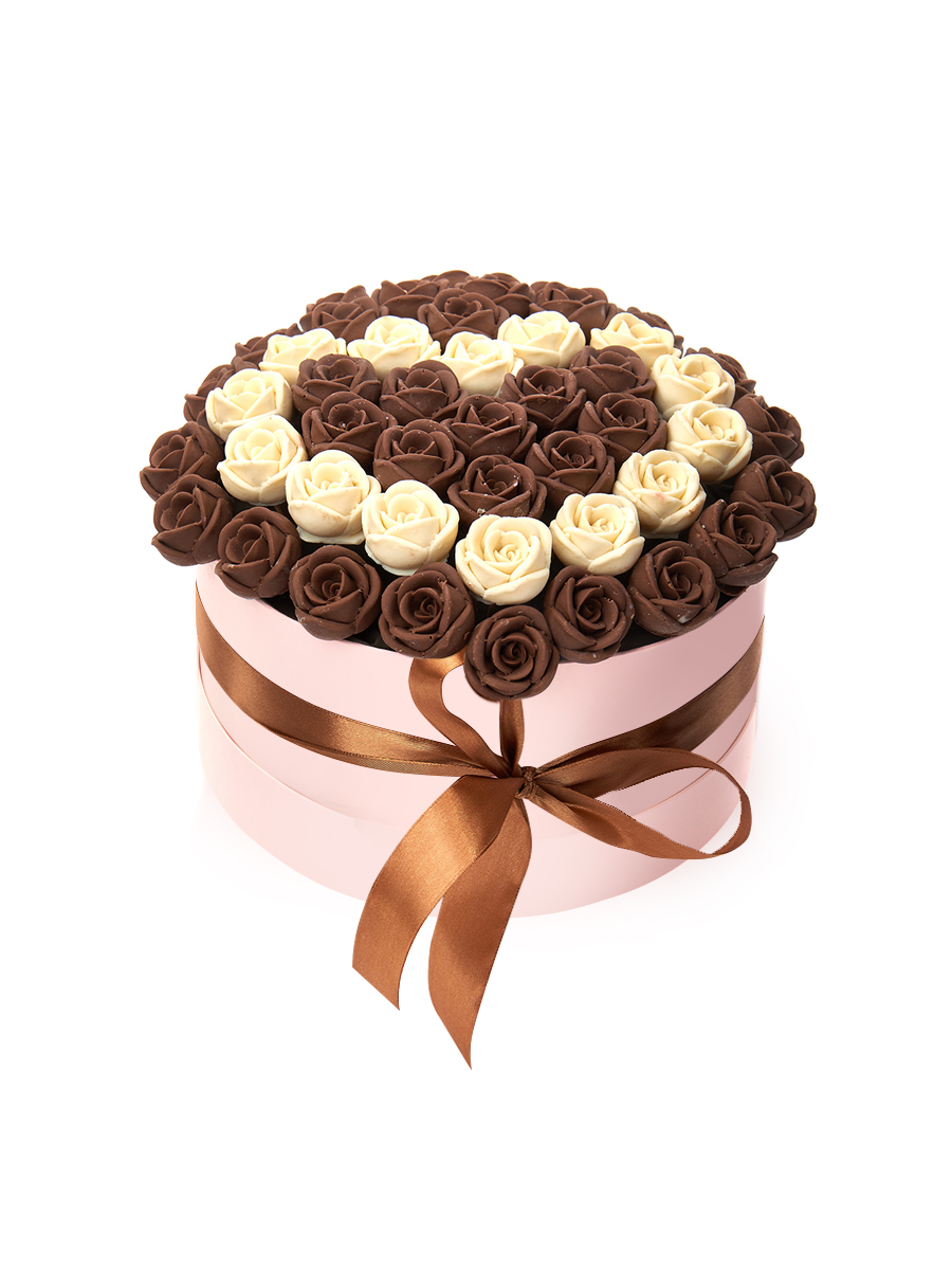 Шляпная коробка из 51 шоколадной розы с узором сердце SH51-R-SHB-S