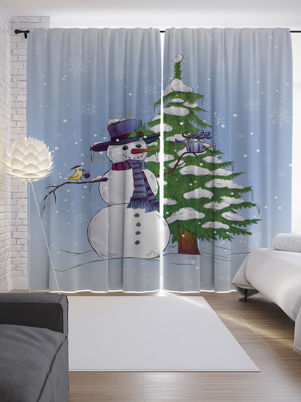 Сатиновые шторы с изображением дружелюбного снеговика размером 290х265 см.