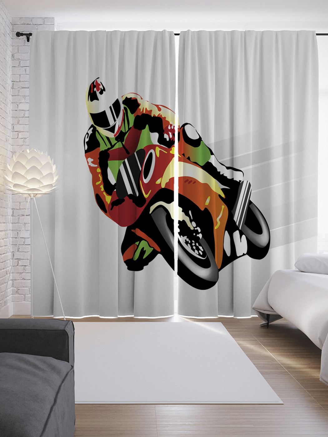 фото Шторы с фотопечатью "яркий мотоциклист" из сатена, 290х265 см joyarty