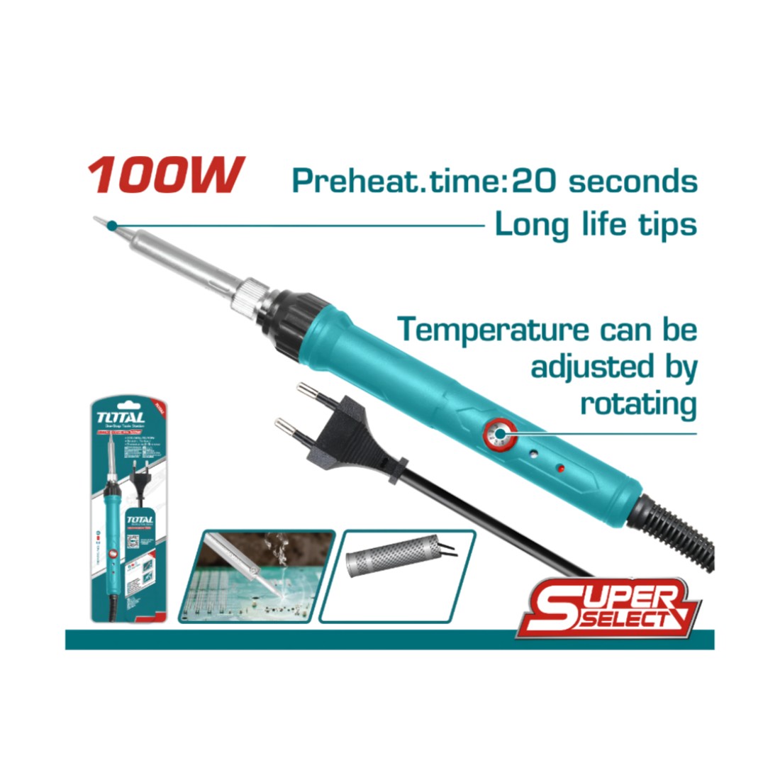 

Паяльник электрический Total Tools мощностью 100 Вт и регулировкой температуры 200-500°C