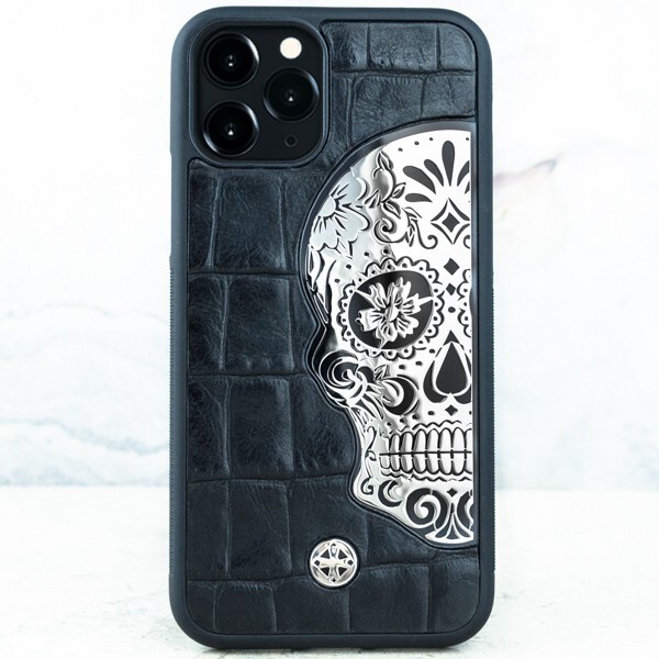 

Чехол iPhone 15 Pro - Mexican Katrina's Skull Croc Leather Black - Euphoria HM Premium, Серебристый;черный, iPhone 15 Pro