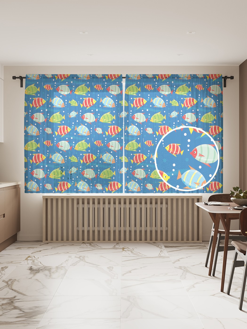 

Фототюль JoyArty "Разные рыбы", 145x180 см (2 полотна со шторной лентой + 50 крючков), Разные рыбы