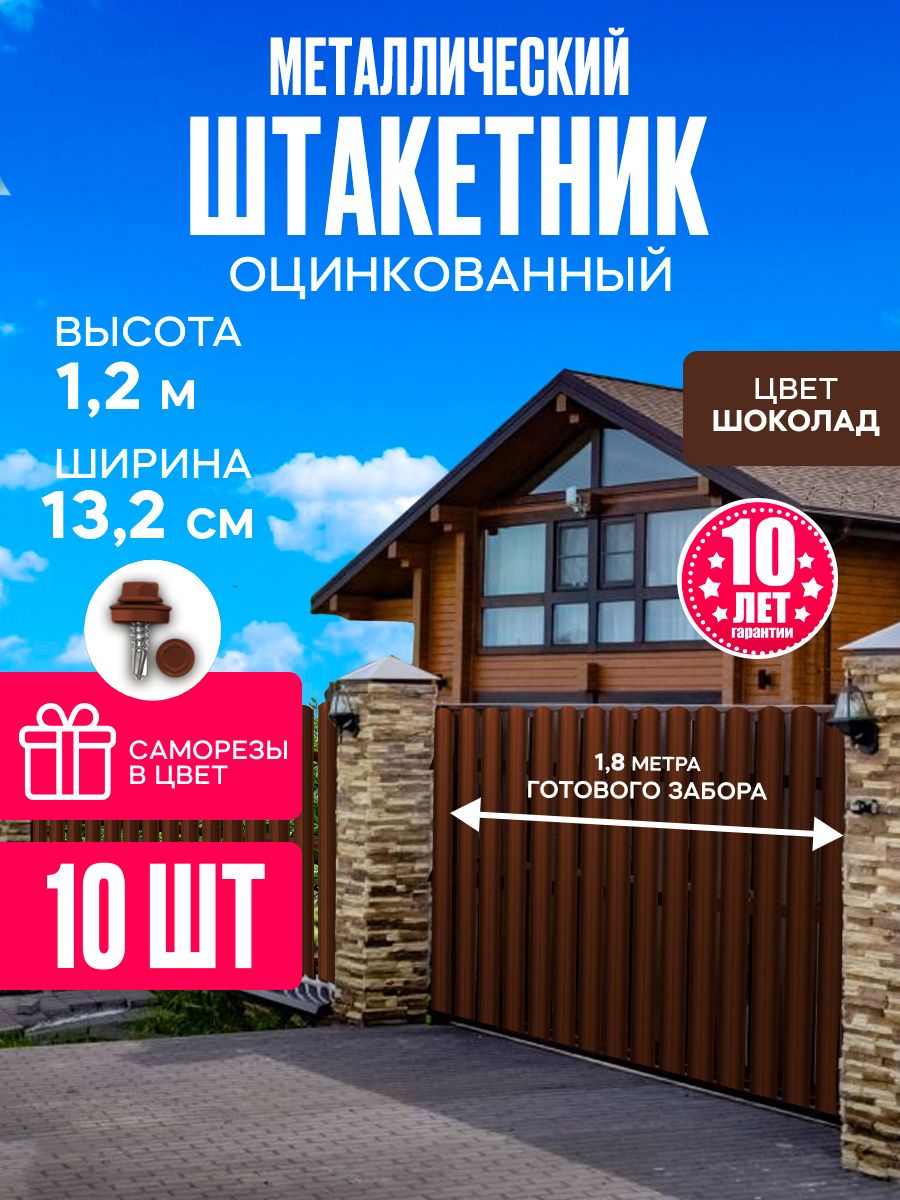 Штакетник металлический для забора 12 м 10 шт шоколад Ижторгметалл euro132sidebrown120 2500₽