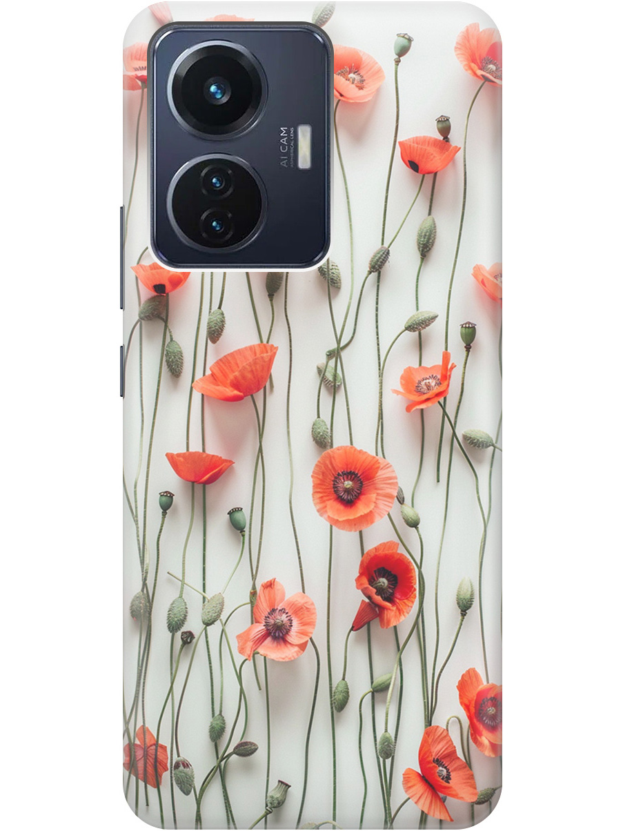 

Силиконовый чехол на Vivo T1 с рисунком "Маки на белой стене", Белый;красный, 20000791