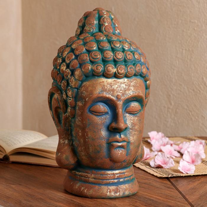 фото Копилка "голова будды", золотая с зеленой окисью, 32 см керамика ручной работы