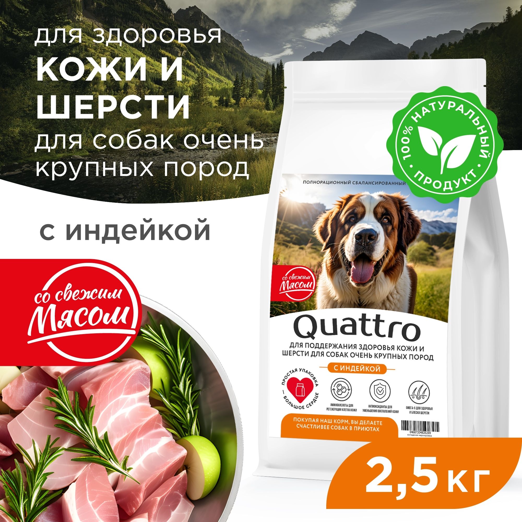 

Сухой корм для собак QUATTRO, Большие породы премиум, для кожи и шерсти, индейка, 2,5 кг